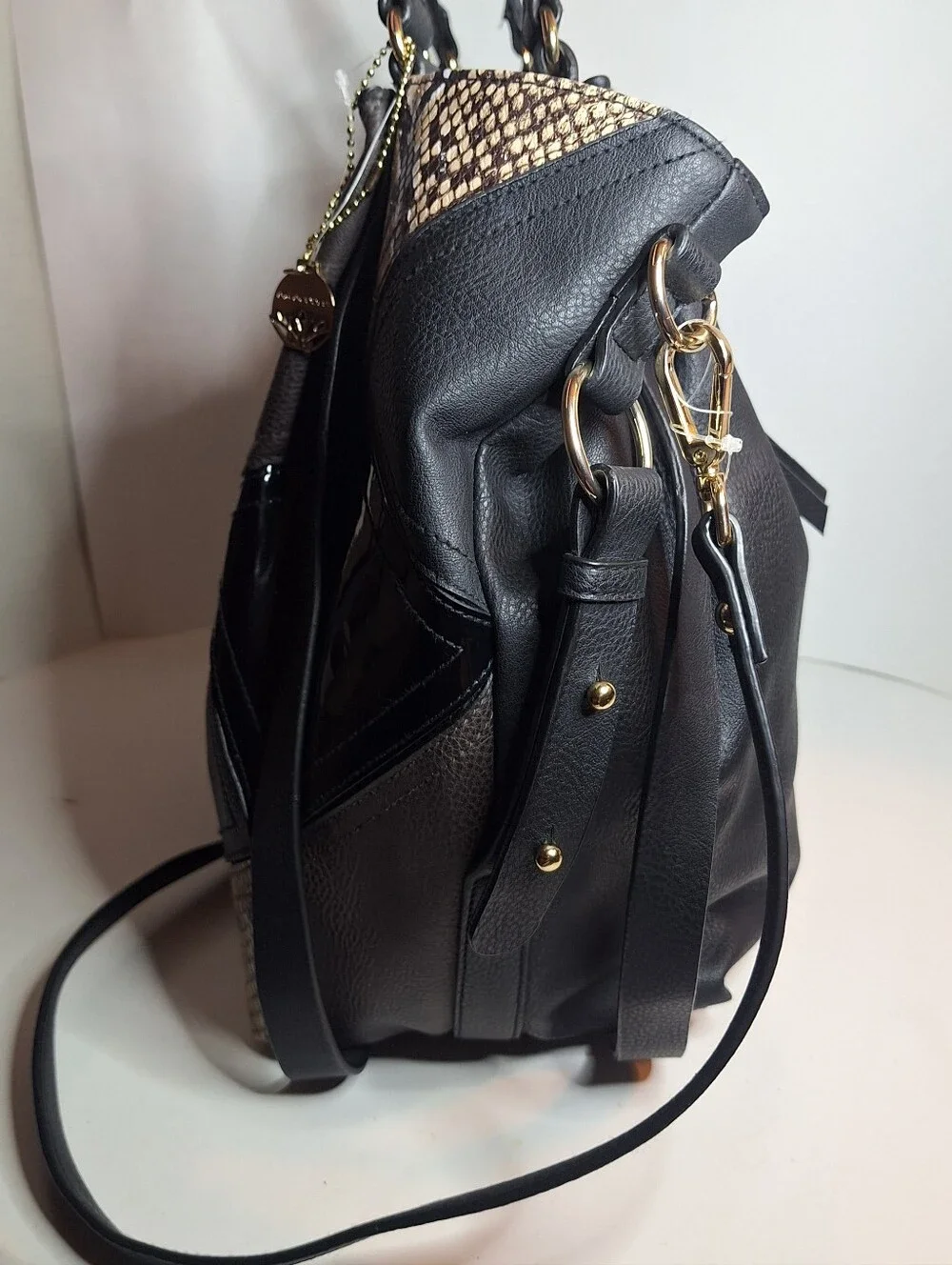 Big Buddha Patchwork XL Bag Faux Leather Matte & Paten Black w Snake Skin Tote
